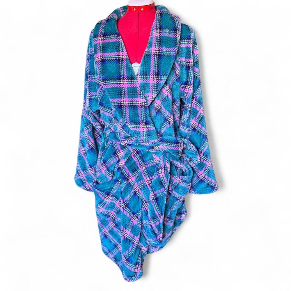 Victoria's Secret teal & pink plaid robe with tie waist & pockets, size M/L